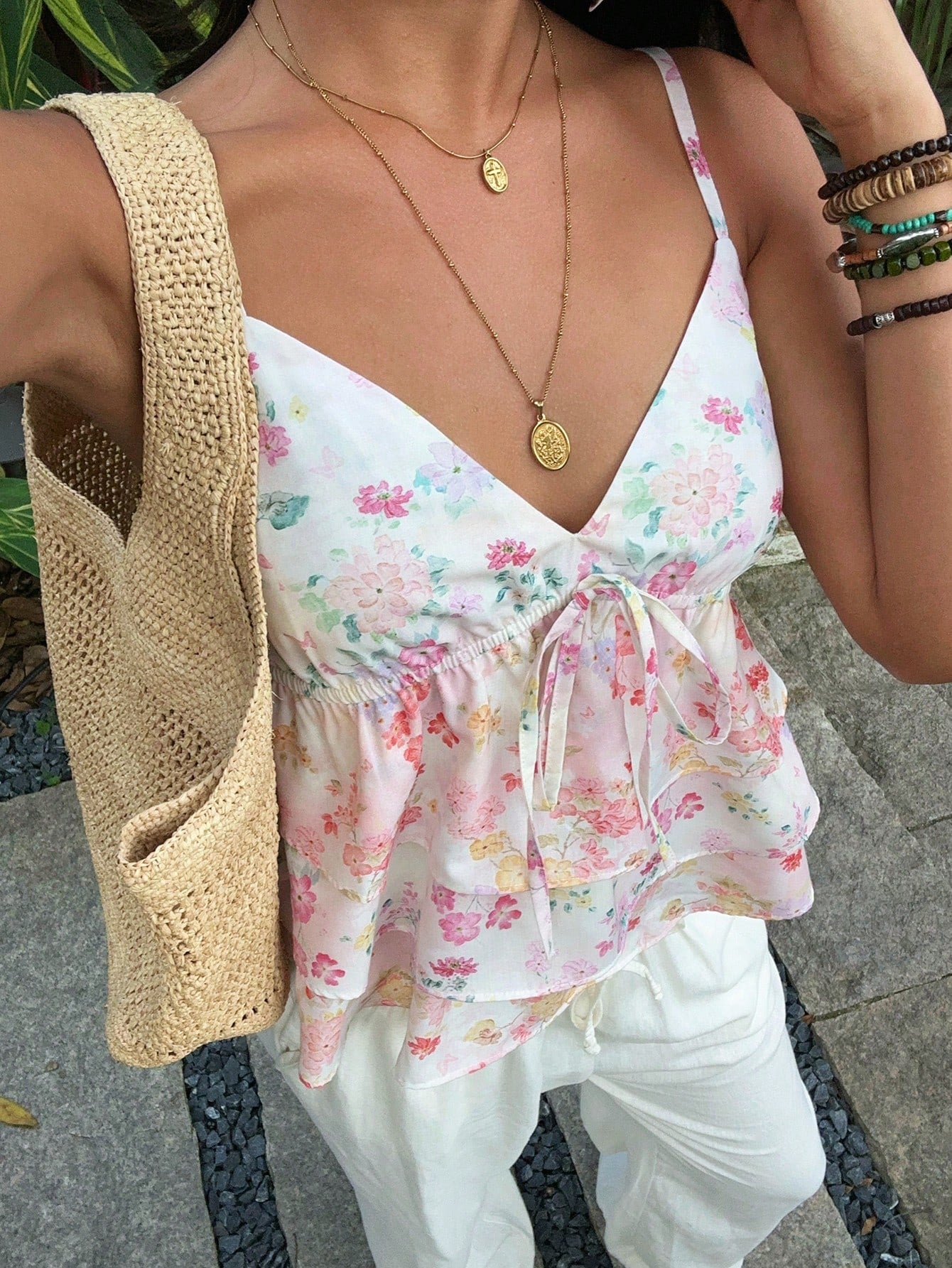 SunnyBelle Women's Summer Floral Bow Tie Camisole Top, Boho Holiday Picnic Sleeveless Top, Vacation, Date