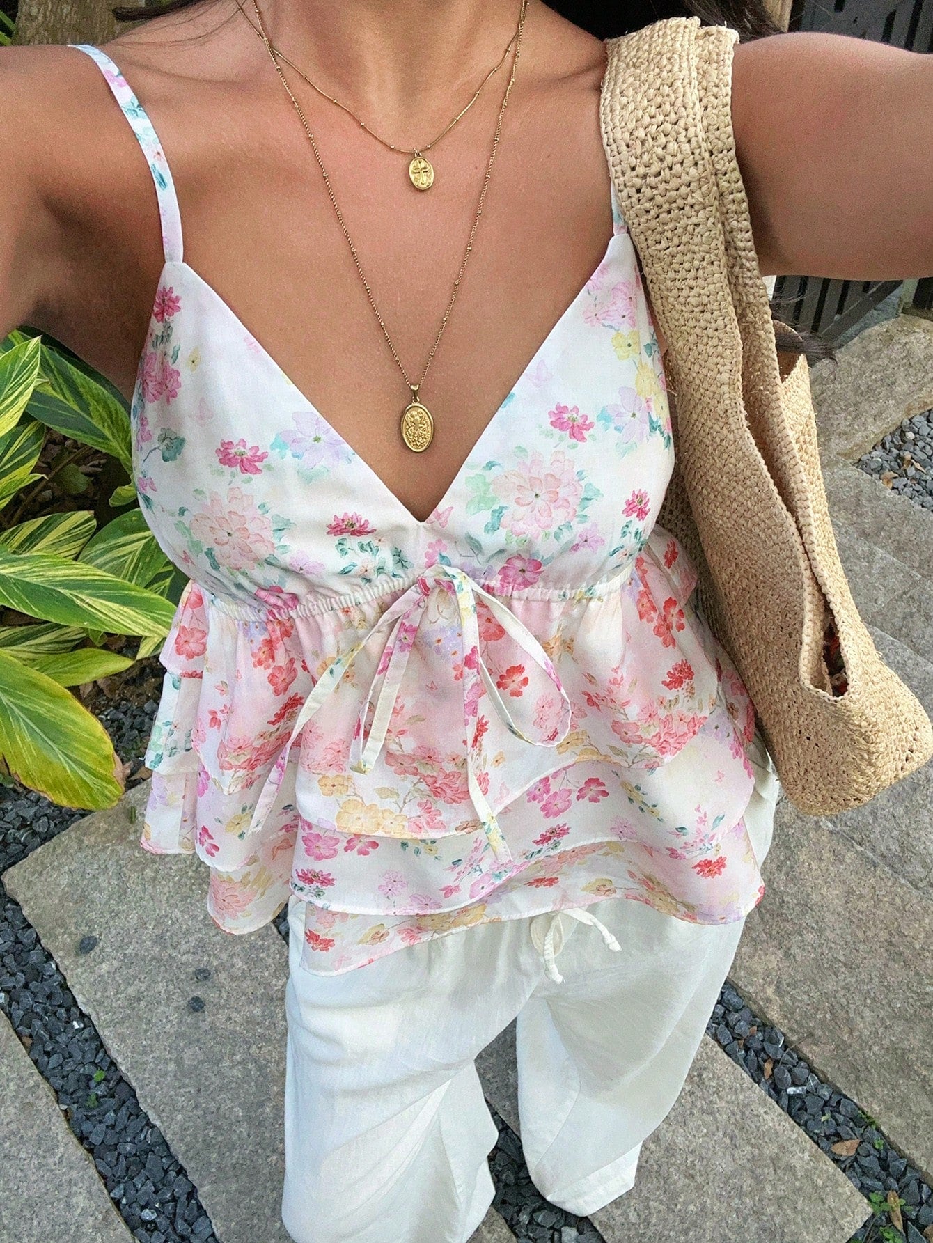 SunnyBelle Women's Summer Floral Bow Tie Camisole Top, Boho Holiday Picnic Sleeveless Top, Vacation, Date