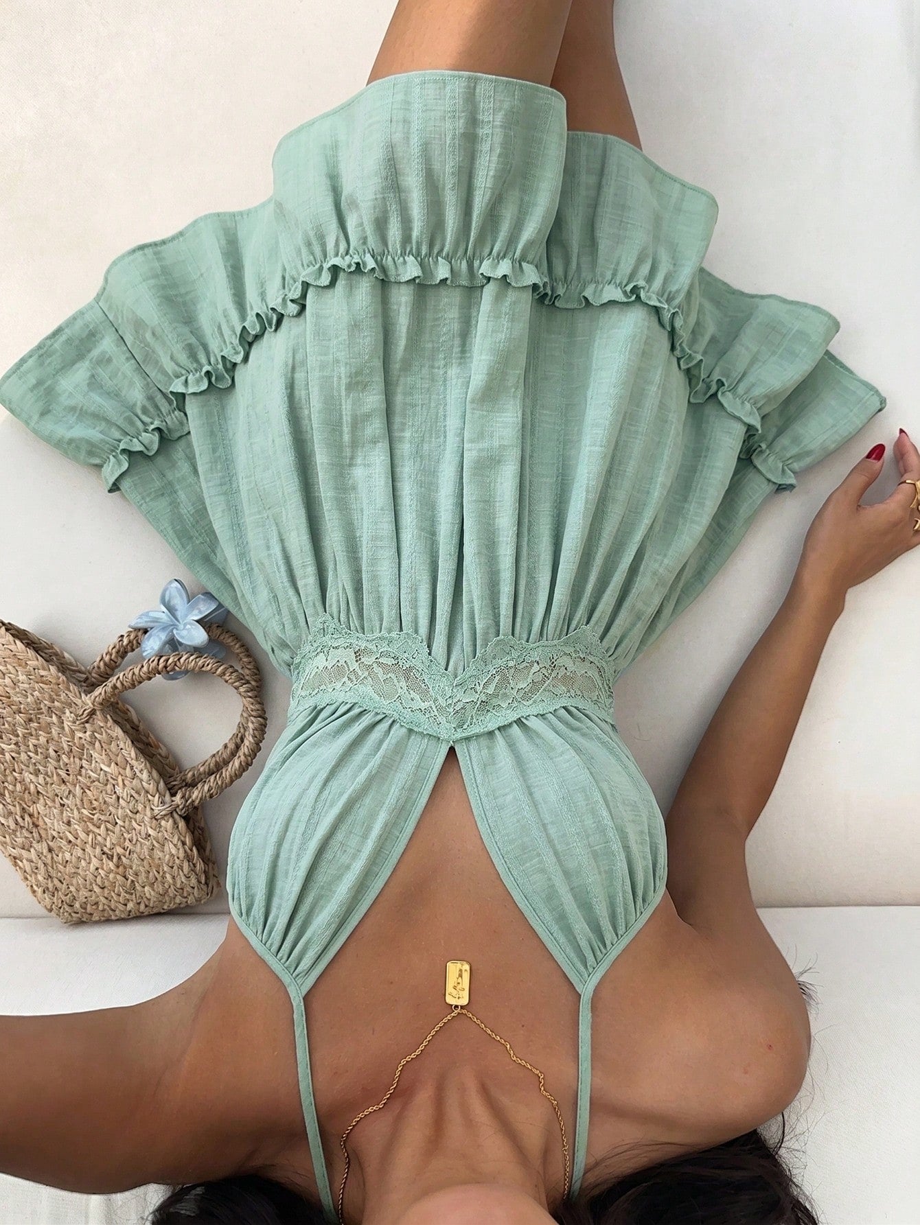 Sunnyshic Lace Trim Lace-Up Women's Dress Beach Vacation Sage Green Summer Tropical
