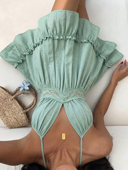 Sunnyshic Lace Trim Lace-Up Women's Dress Beach Vacation Sage Green Summer Tropical