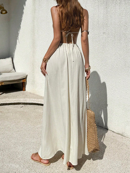 Sunnyshic Petite Petite Women's Cream White Boho Summer Dress,Textured Starfish Shell Tassel Tie Deep V Neck Halter A-Line,Elegant Vacation Holiday Beach Wedding