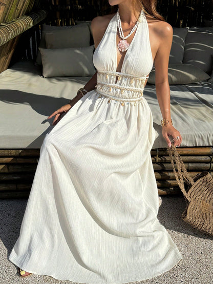 Sunnyshic Petite Petite Women's Cream White Boho Summer Dress,Textured Starfish Shell Tassel Tie Deep V Neck Halter A-Line,Elegant Vacation Holiday Beach Wedding