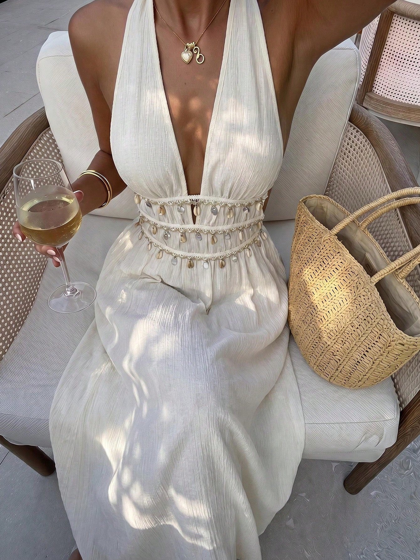 Sunnyshic Petite Petite Women's Cream White Boho Summer Dress,Textured Starfish Shell Tassel Tie Deep V Neck Halter A-Line,Elegant Vacation Holiday Beach Wedding