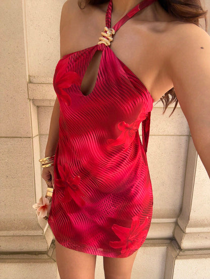 Sunnyshic Women's Red Floral Mesh Print Halter Backless A-Line Mini Dress,Metal Buckle Decor,70s Elegant Vintage,Summer Vacation,Date,Party,Versatile