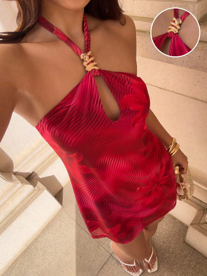 Sunnyshic Women's Red Floral Mesh Print Halter Backless A-Line Mini Dress,Metal Buckle Decor,70s Elegant Vintage,Summer Vacation,Date,Party,Versatile