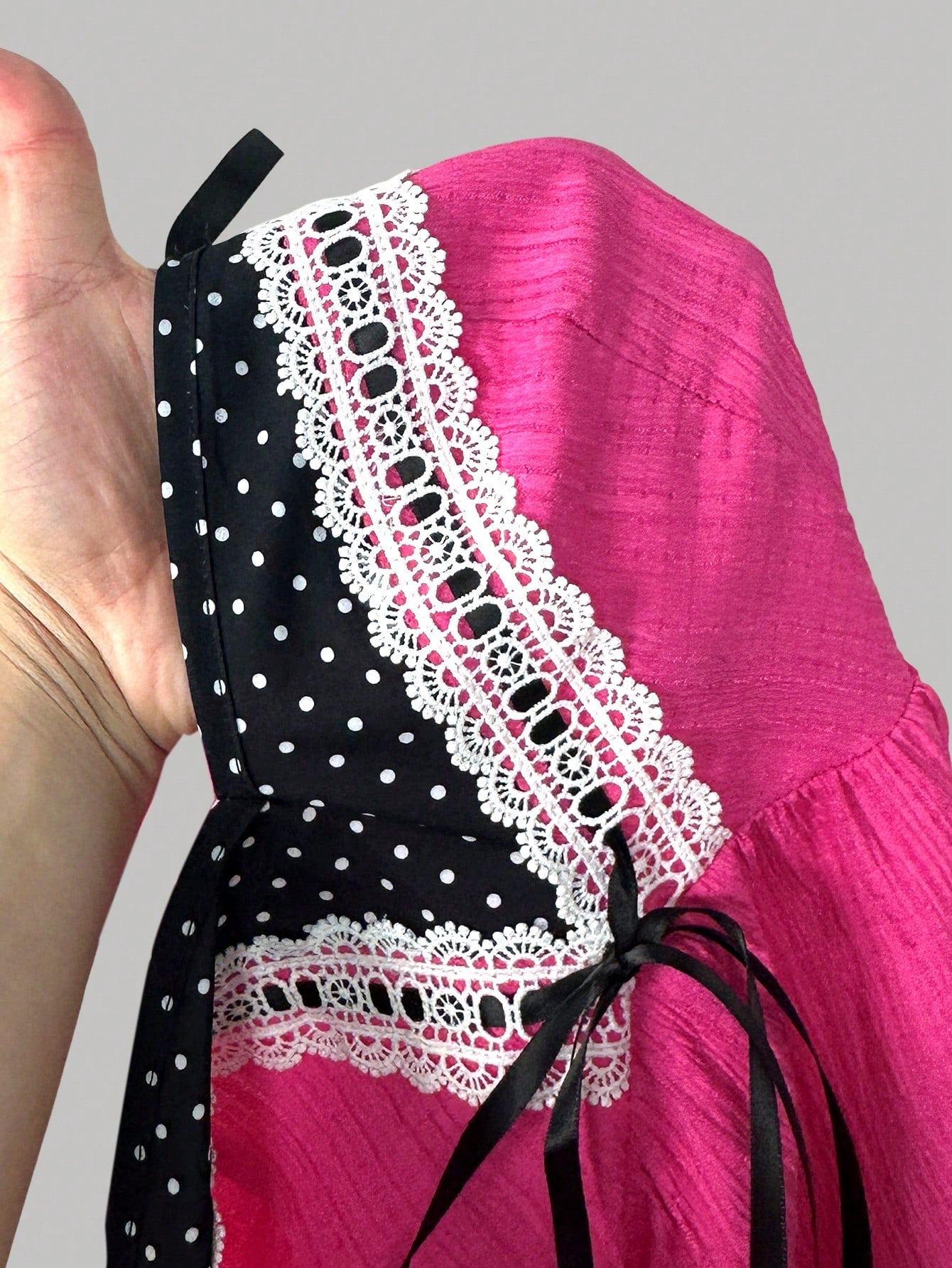 Sunspun Plus Size Elegant Chiffon Patchwork Polka Dot Pattern Bowknot Decor Blouse