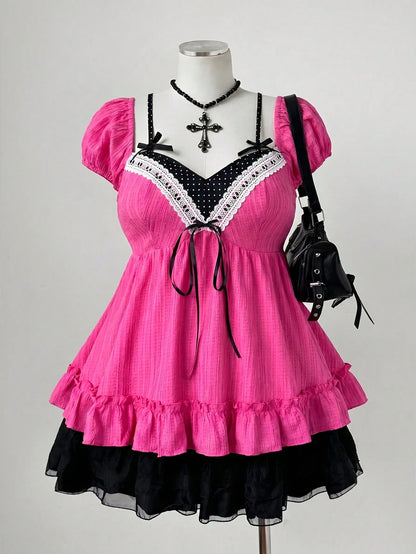Sunspun Plus Size Elegant Chiffon Patchwork Polka Dot Pattern Bowknot Decor Blouse