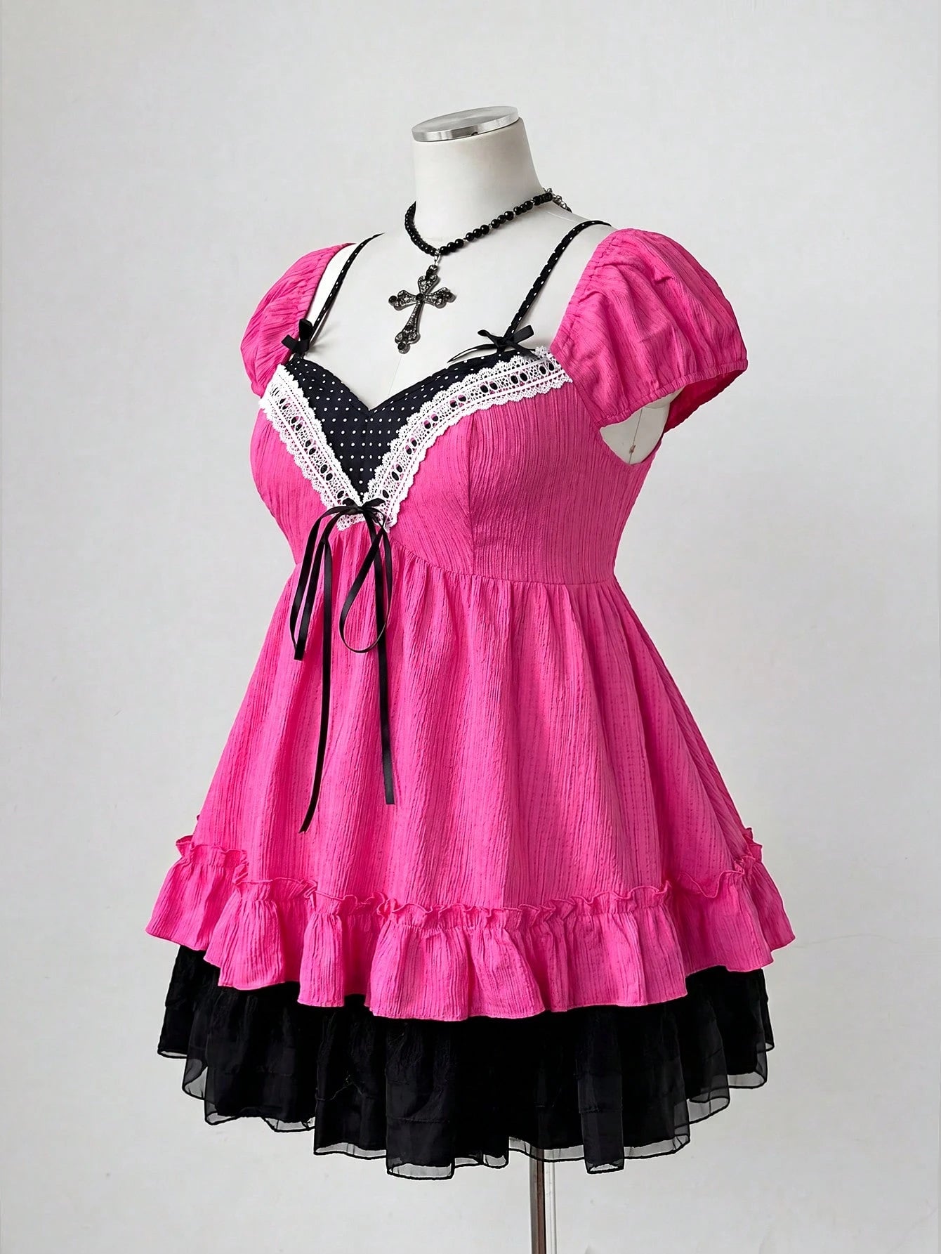 Sunspun Plus Size Elegant Chiffon Patchwork Polka Dot Pattern Bowknot Decor Blouse