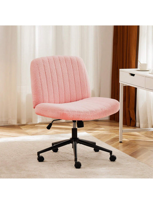 Sweetcrispy Criss Cross Office Chair With Wheels, Wide Armless Home Office Desk Chair With Dual-Purpose Base, Swivel Adjustable Teddy Fabric Task Vanity Computer Chair