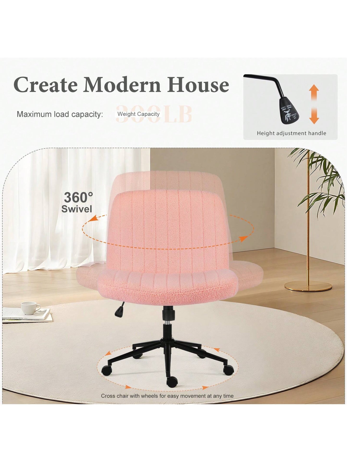 Sweetcrispy Criss Cross Office Chair With Wheels, Wide Armless Home Office Desk Chair With Dual-Purpose Base, Swivel Adjustable Teddy Fabric Task Vanity Computer Chair
