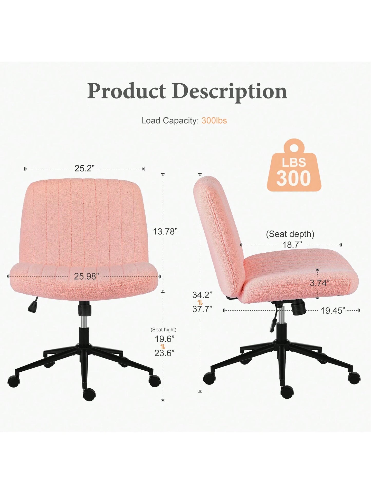 Sweetcrispy Criss Cross Office Chair With Wheels, Wide Armless Home Office Desk Chair With Dual-Purpose Base, Swivel Adjustable Teddy Fabric Task Vanity Computer Chair