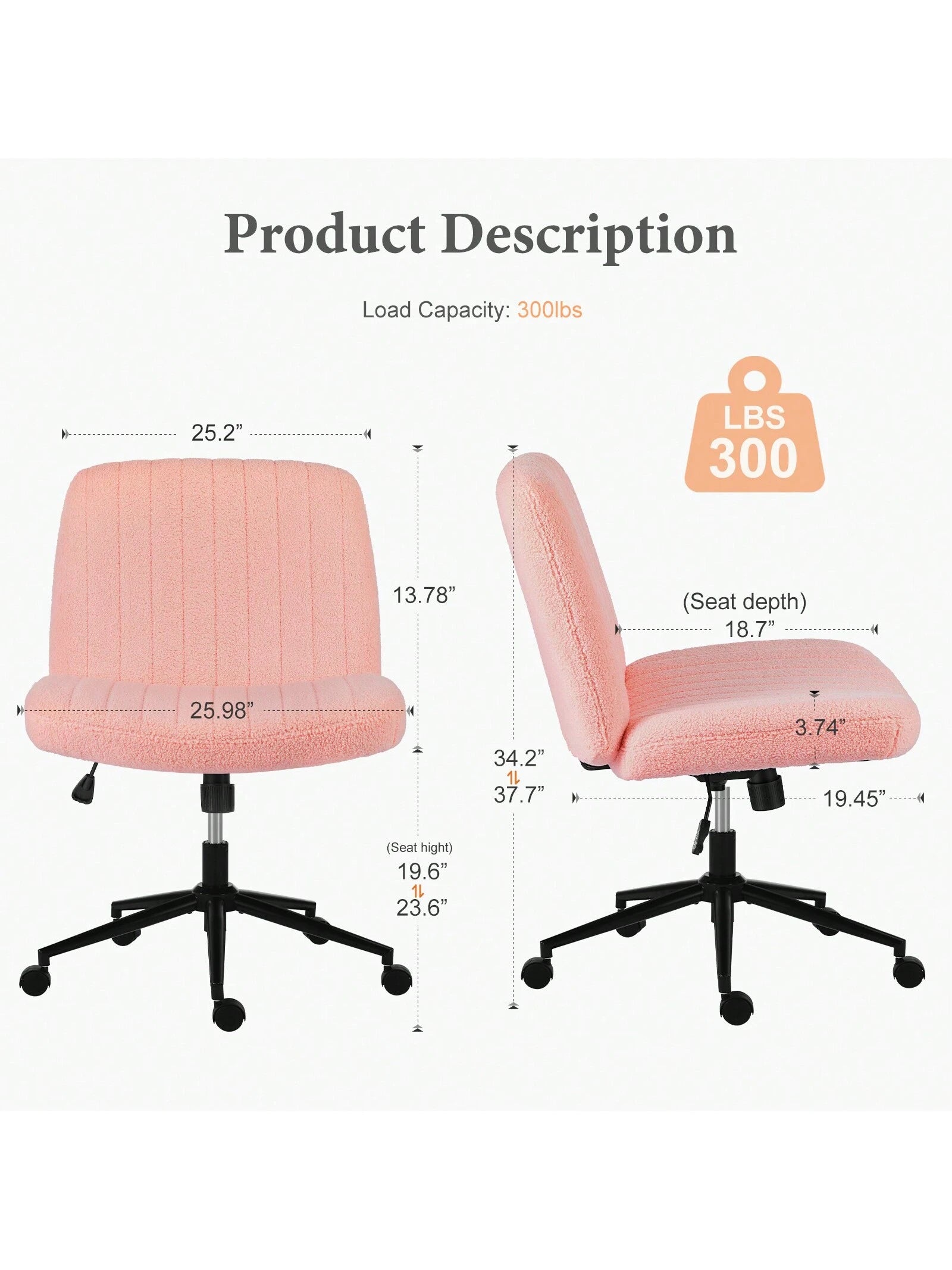 Sweetcrispy Criss Cross Office Chair With Wheels, Wide Armless Home Office Desk Chair With Dual-Purpose Base, Swivel Adjustable Teddy Fabric Task Vanity Computer Chair