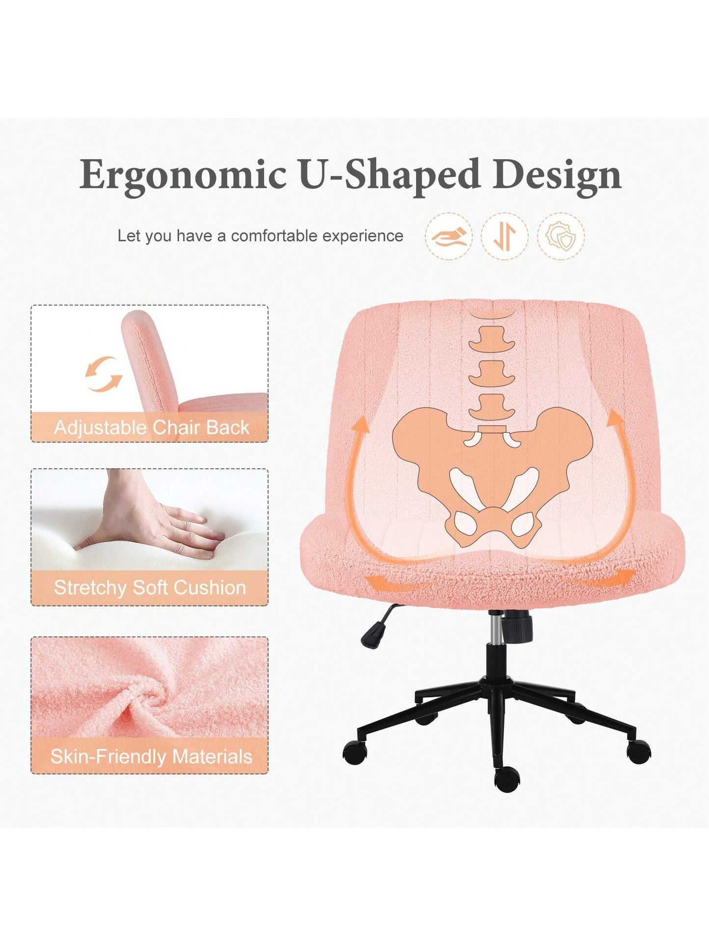 Sweetcrispy Criss Cross Office Chair With Wheels, Wide Armless Home Office Desk Chair With Dual-Purpose Base, Swivel Adjustable Teddy Fabric Task Vanity Computer Chair