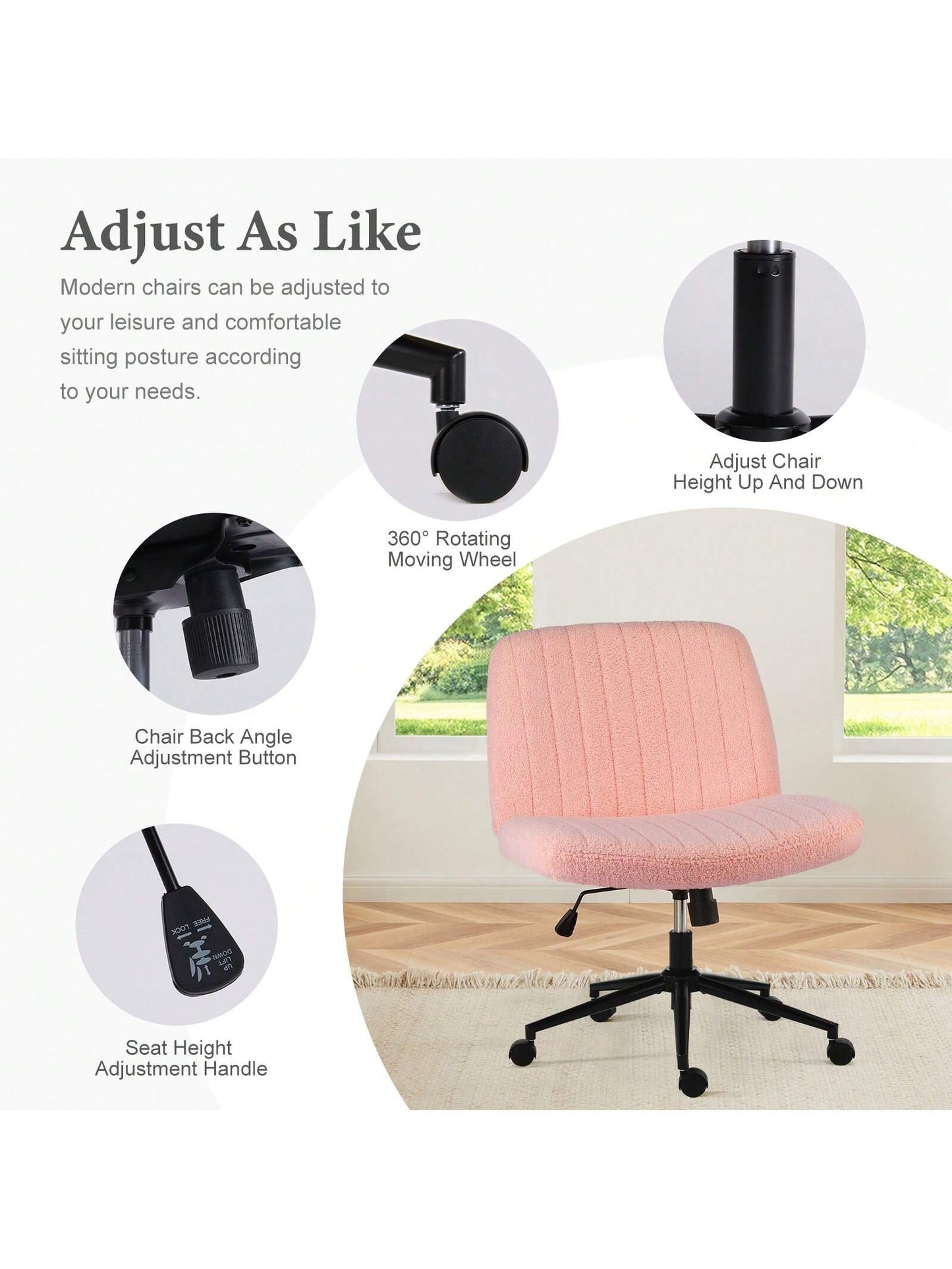 Sweetcrispy Criss Cross Office Chair With Wheels, Wide Armless Home Office Desk Chair With Dual-Purpose Base, Swivel Adjustable Teddy Fabric Task Vanity Computer Chair