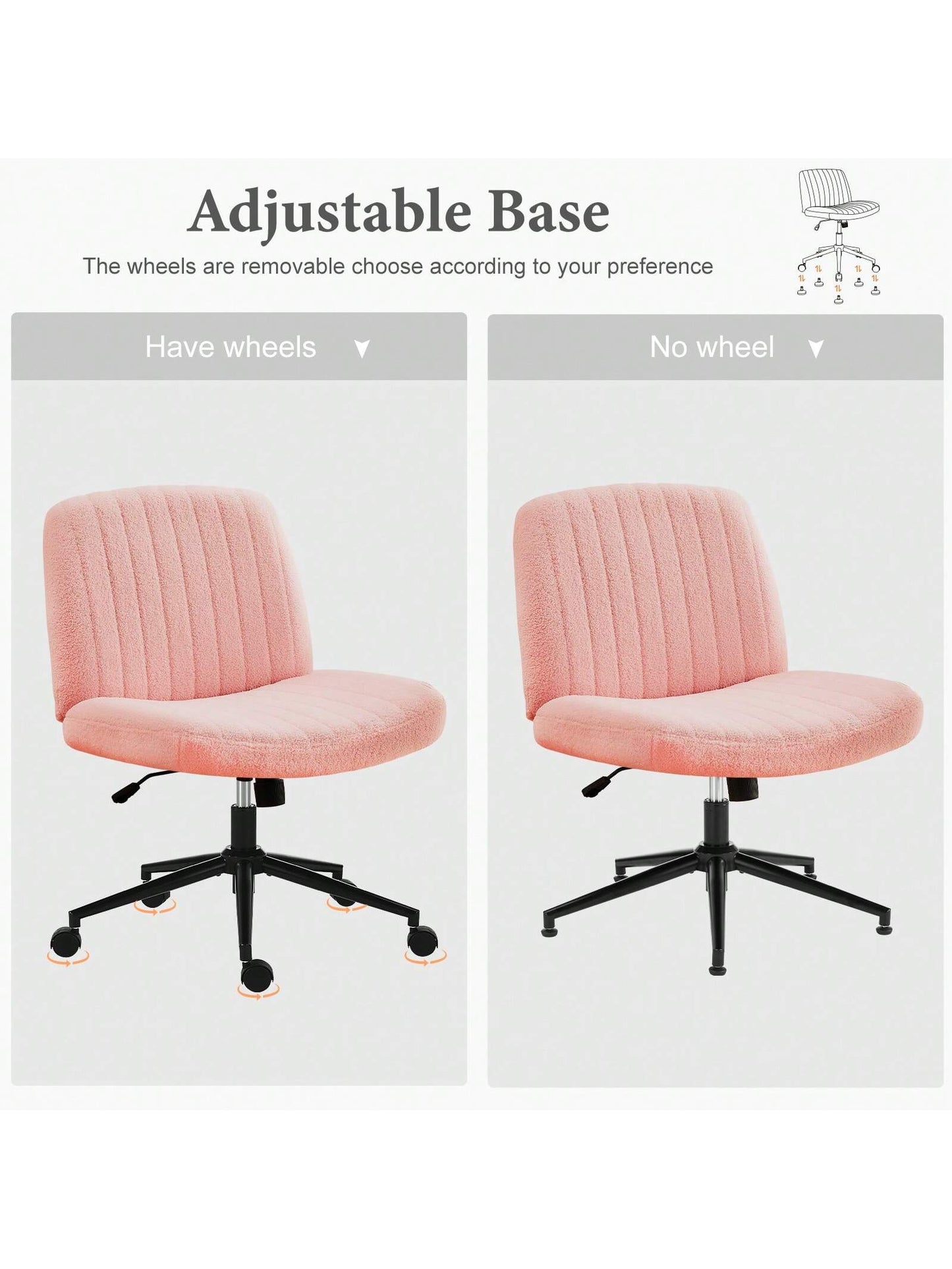 Sweetcrispy Criss Cross Office Chair With Wheels, Wide Armless Home Office Desk Chair With Dual-Purpose Base, Swivel Adjustable Teddy Fabric Task Vanity Computer Chair