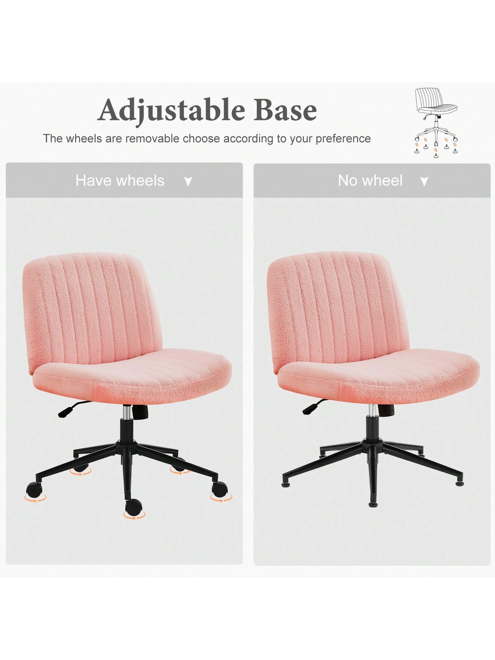 Sweetcrispy Criss Cross Office Chair With Wheels, Wide Armless Home Office Desk Chair With Dual-Purpose Base, Swivel Adjustable Teddy Fabric Task Vanity Computer Chair