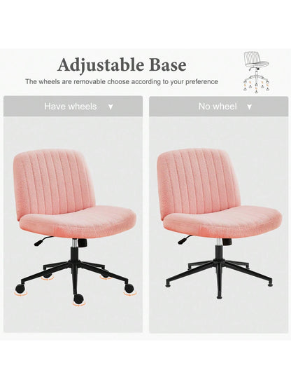 Sweetcrispy Criss Cross Office Chair With Wheels, Wide Armless Home Office Desk Chair With Dual-Purpose Base, Swivel Adjustable Teddy Fabric Task Vanity Computer Chair