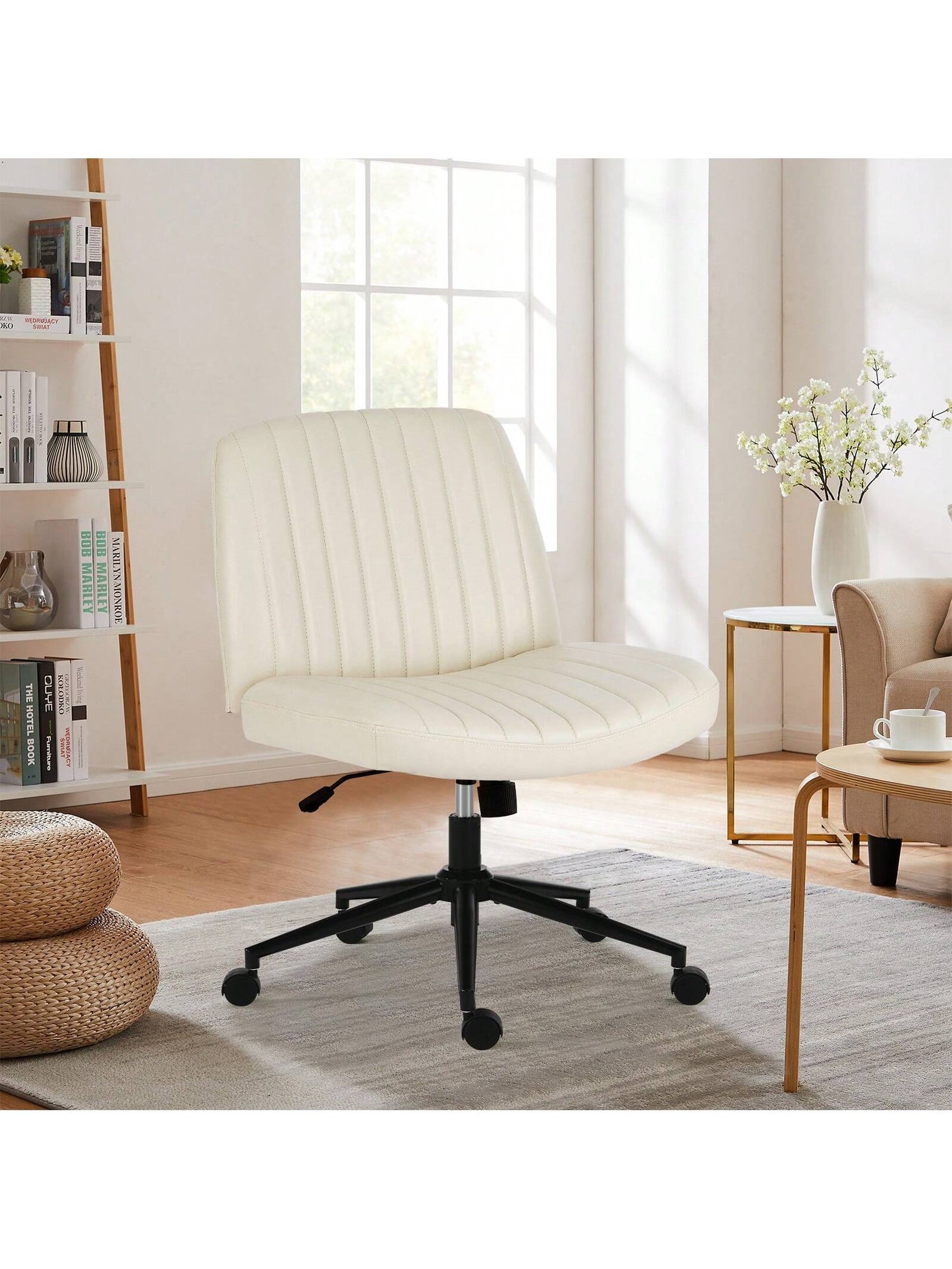 Sweetcrispy Criss Cross Office Chair With Wheels, Wide Armless Home Office Desk Chair With Dual-Purpose Base, Swivel Adjustable Teddy Fabric Task Vanity Computer Chair