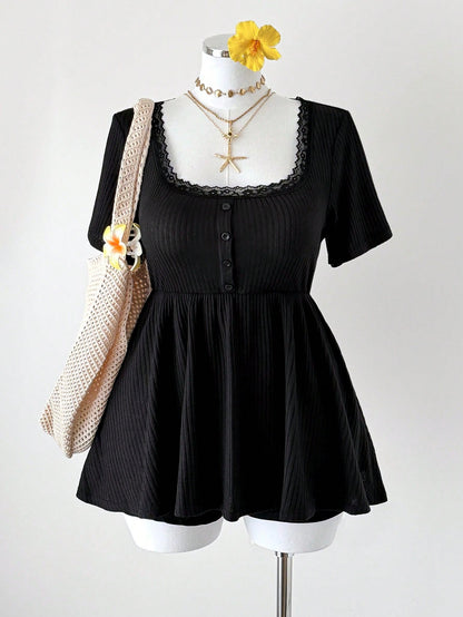 Sweetra CURVE Plus Size Square Neck Floral Patchwork Button Waist A-Line Short Sleeve Knit Elegant Vintage Casual Cute Homewear & Holiday T-Shirt For Women