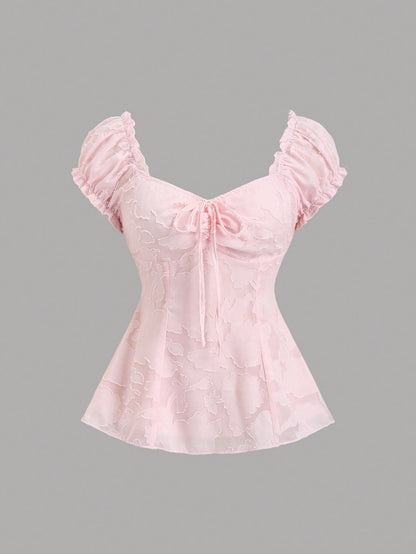 Sweetra Elegant Floral Embroidered Chiffon Blouse With Bow Tie, Sweet And Charming Summer Top For Women