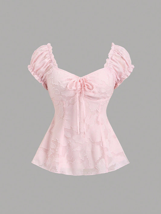 Sweetra Elegant Floral Embroidered Chiffon Blouse With Bow Tie, Sweet And Charming Summer Top For Women