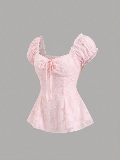 Sweetra Elegant Floral Embroidered Chiffon Blouse With Bow Tie, Sweet And Charming Summer Top For Women