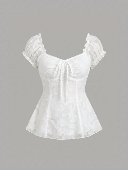 Sweetra Elegant Floral Embroidered Chiffon Blouse With Bow Tie, Sweet And Charming Summer Top For Women