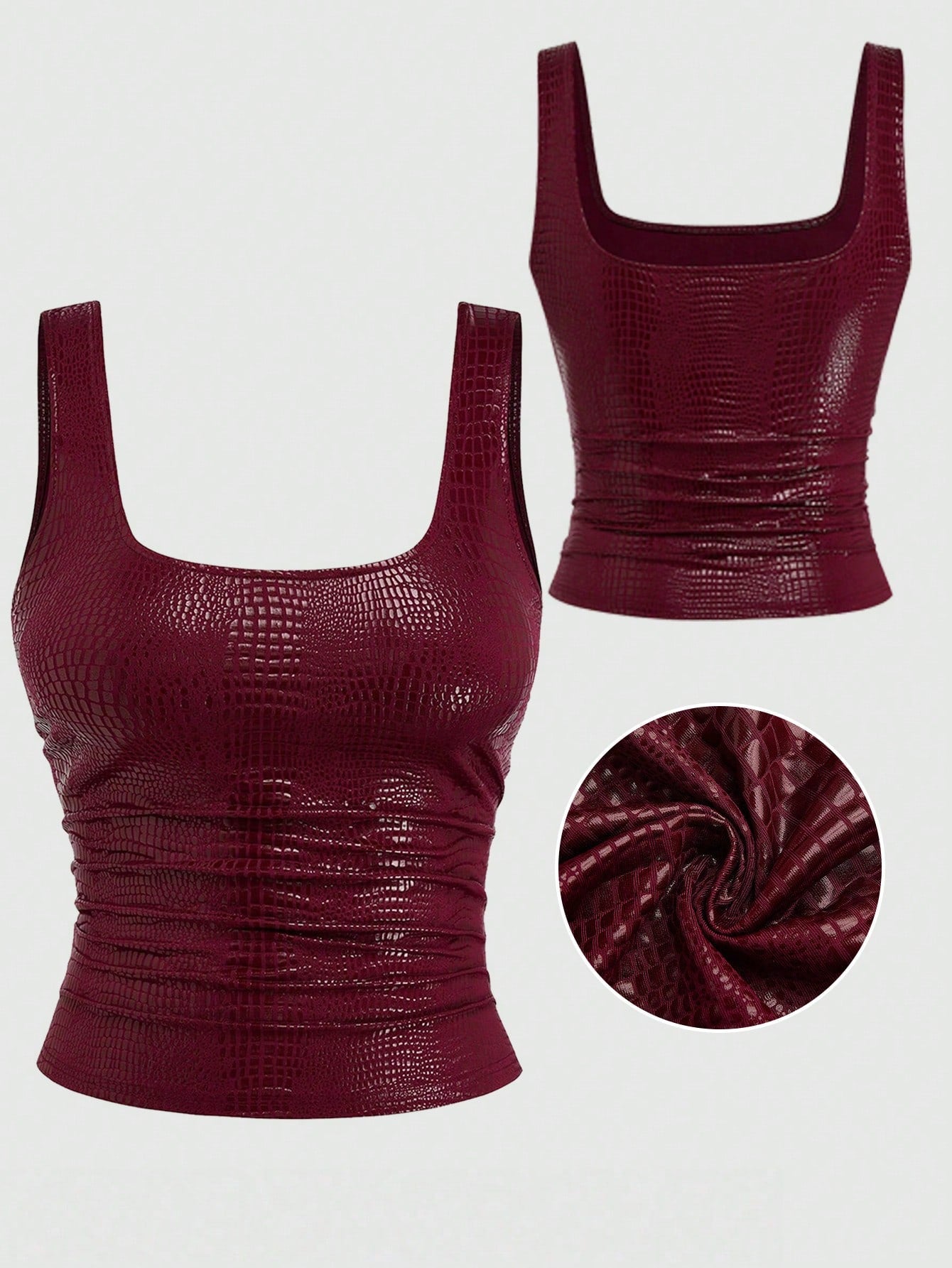 Sweetra New Fashion Burgundy Crocodile Embossed PU Coated Elastic Streetwear Party Clubwear Commute Daily Fitted Tank Top, Women, Spring/Summer
