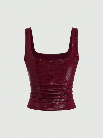 Sweetra New Fashion Burgundy Crocodile Embossed PU Coated Elastic Streetwear Party Clubwear Commute Daily Fitted Tank Top, Women, Spring/Summer