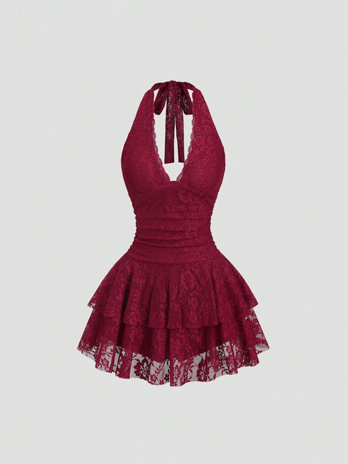 Sweetra Petite Women's Red Sleeveless V-Neck Lace Patchwork Sexy Mini Dress Bachlorette Party Dress Red Lace Dress,Petite Women