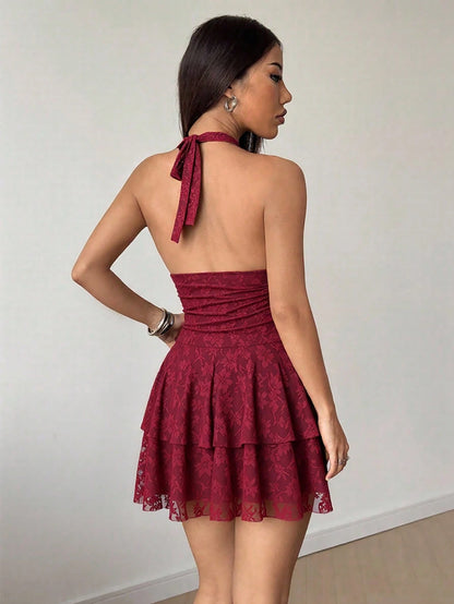 Sweetra Petite Women's Red Sleeveless V-Neck Lace Patchwork Sexy Mini Dress Bachlorette Party Dress Red Lace Dress,Petite Women