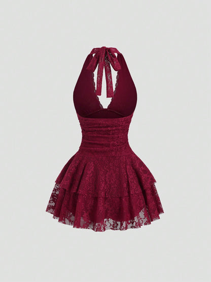 Sweetra Petite Women's Red Sleeveless V-Neck Lace Patchwork Sexy Mini Dress Bachlorette Party Dress Red Lace Dress,Petite Women