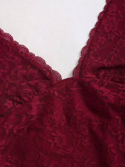 Sweetra Petite Women's Red Sleeveless V-Neck Lace Patchwork Sexy Mini Dress Bachlorette Party Dress Red Lace Dress,Petite Women