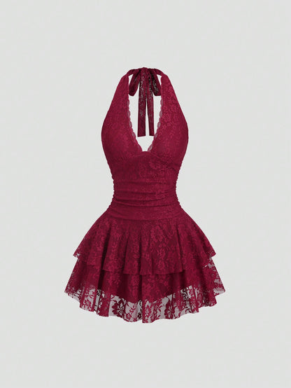 Sweetra Petite Women's Red Sleeveless V-Neck Lace Patchwork Sexy Mini Dress Bachlorette Party Dress Red Lace Dress,Petite Women