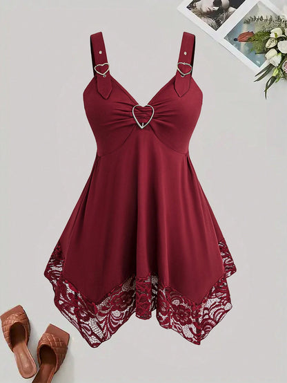 Sweetra Plus Size Women's Casual Sexy Contrast Lace Camisole Top With Heart Buckle, Spring/Summer