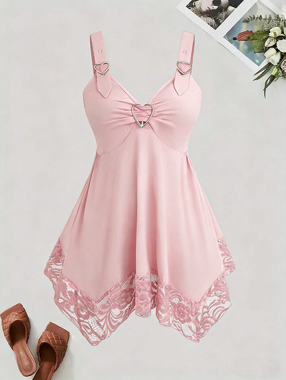 Sweetra Plus Size Women's Casual Sexy Contrast Lace Camisole Top With Heart Buckle, Spring/Summer