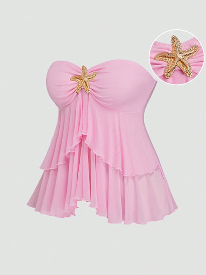 Sweetra Plus Size Women's Pastel Pink Cute Summer Beach Holiday Top, Y2K Double Ruffle Cropped Sheer Design Metal Button Vacation Top