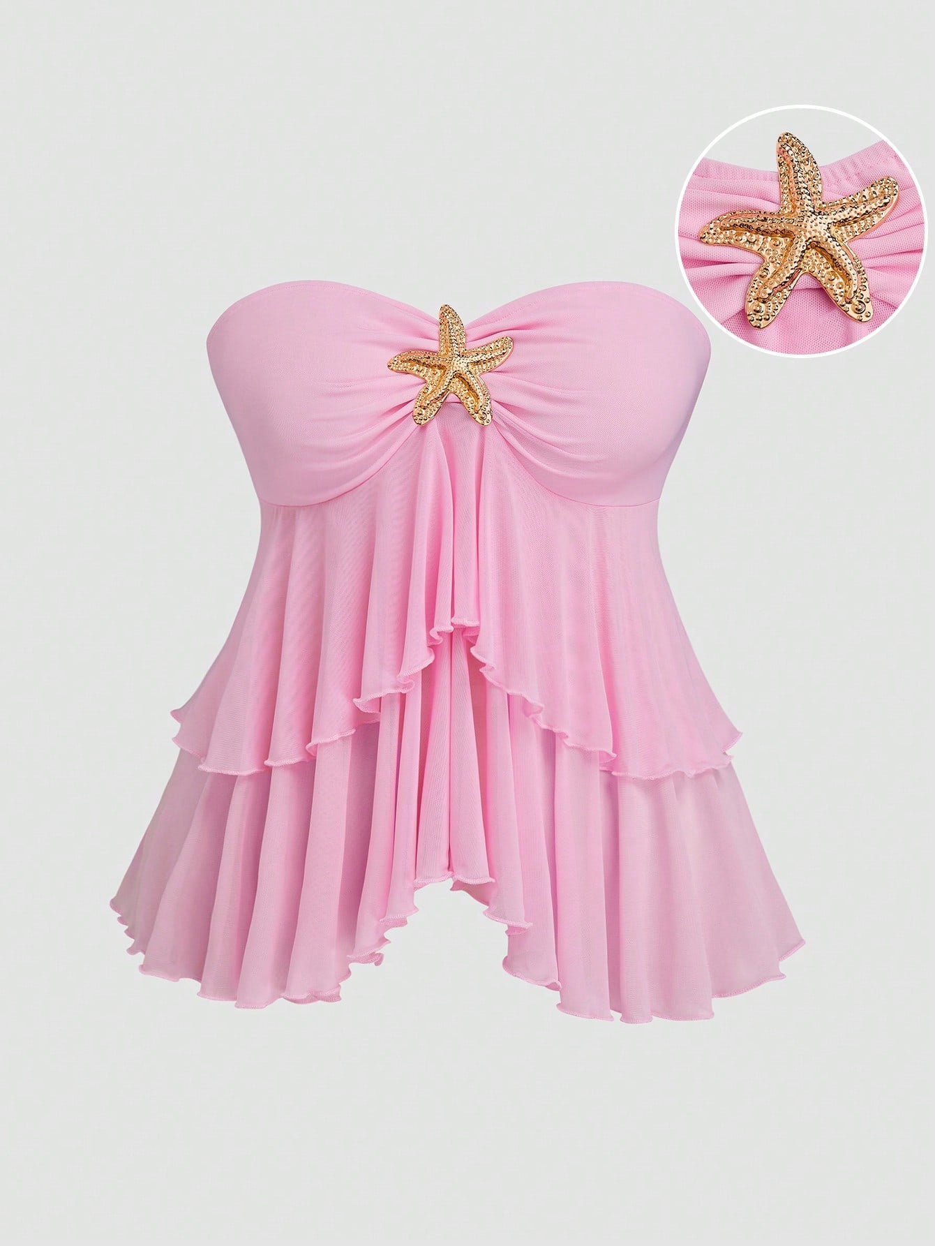 Sweetra Plus Size Women's Pastel Pink Cute Summer Beach Holiday Top, Y2K Double Ruffle Cropped Sheer Design Metal Button Vacation Top