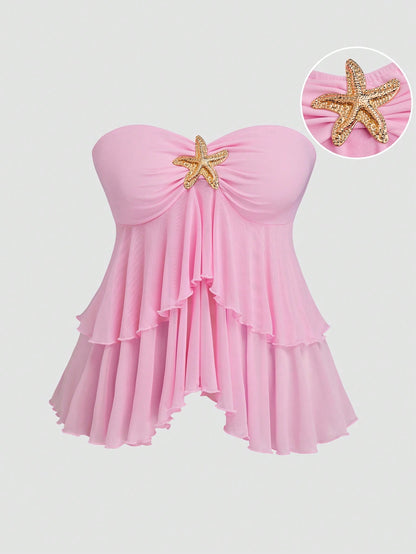 Sweetra Plus Size Women's Pastel Pink Cute Summer Beach Holiday Top, Y2K Double Ruffle Cropped Sheer Design Metal Button Vacation Top