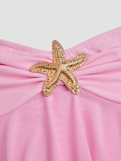 Sweetra Plus Size Women's Pastel Pink Cute Summer Beach Holiday Top, Y2K Double Ruffle Cropped Sheer Design Metal Button Vacation Top
