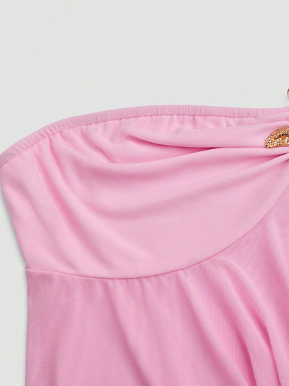 Sweetra Plus Size Women's Pastel Pink Cute Summer Beach Holiday Top, Y2K Double Ruffle Cropped Sheer Design Metal Button Vacation Top