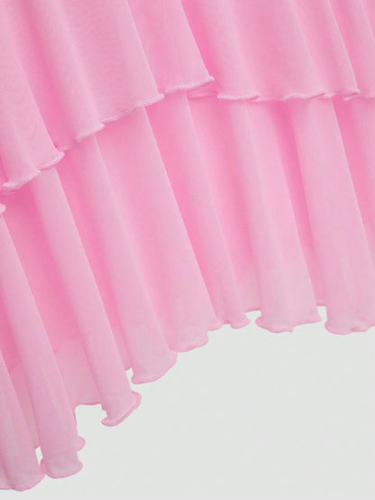Sweetra Plus Size Women's Pastel Pink Cute Summer Beach Holiday Top, Y2K Double Ruffle Cropped Sheer Design Metal Button Vacation Top