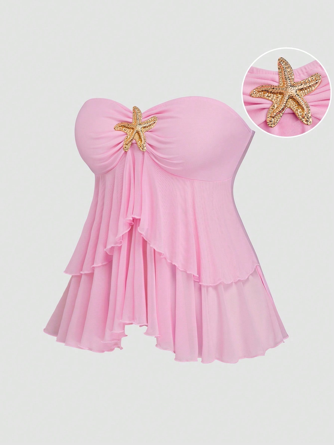 Sweetra Plus Size Women's Pastel Pink Cute Summer Beach Holiday Top, Y2K Double Ruffle Cropped Sheer Design Metal Button Vacation Top