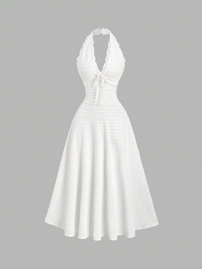 Sweetra Sexy Halter Lace Trim Textured Fabric A-Line Ruffle Elegant Dress