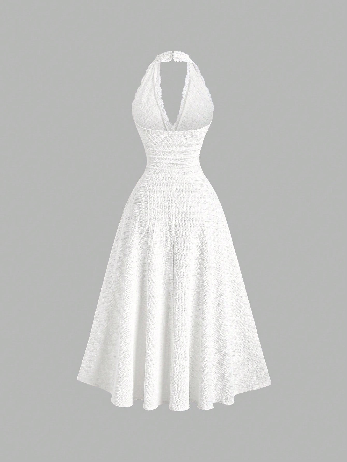 Sweetra Sexy Halter Lace Trim Textured Fabric A-Line Ruffle Elegant Dress