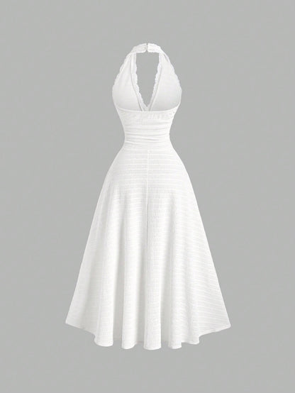 Sweetra Sexy Halter Lace Trim Textured Fabric A-Line Ruffle Elegant Dress