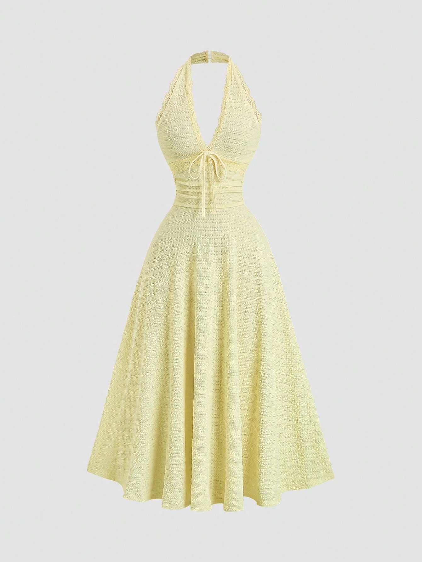 Sweetra Sexy Halter Lace Trim Textured Fabric A-Line Ruffle Elegant Dress