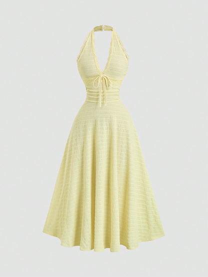 Sweetra Sexy Halter Lace Trim Textured Fabric A-Line Ruffle Elegant Dress