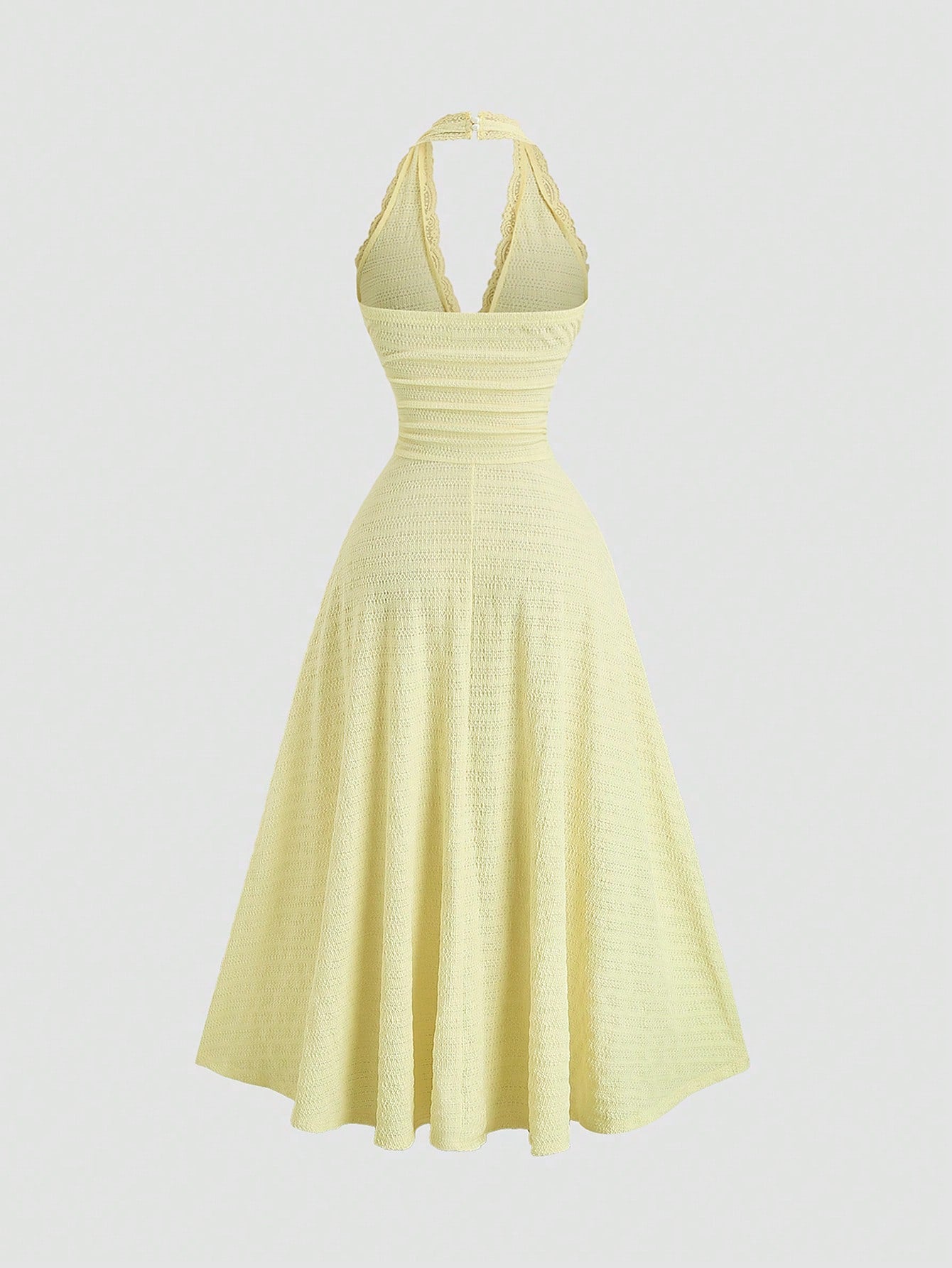 Sweetra Sexy Halter Lace Trim Textured Fabric A-Line Ruffle Elegant Dress