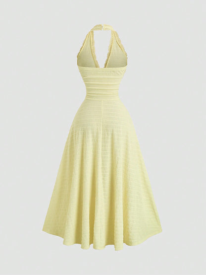 Sweetra Sexy Halter Lace Trim Textured Fabric A-Line Ruffle Elegant Dress